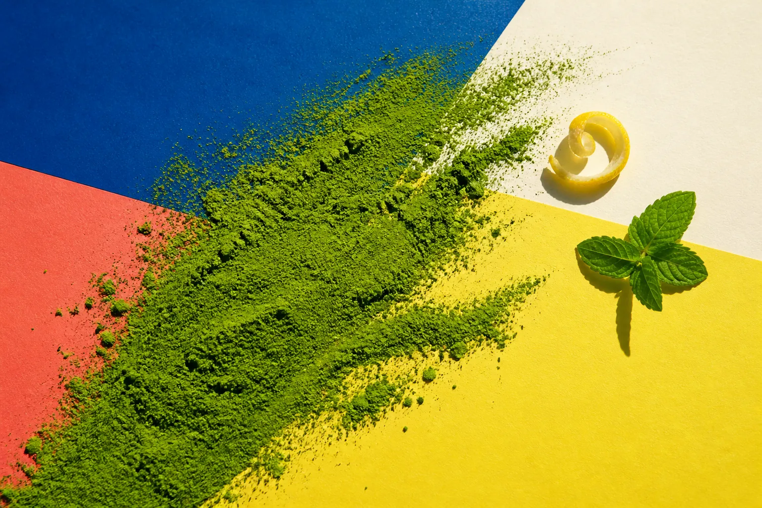 Real matcha powder swept across cobalt, coral and yellow paper beside a curl of citrus peel and fresh peppermint