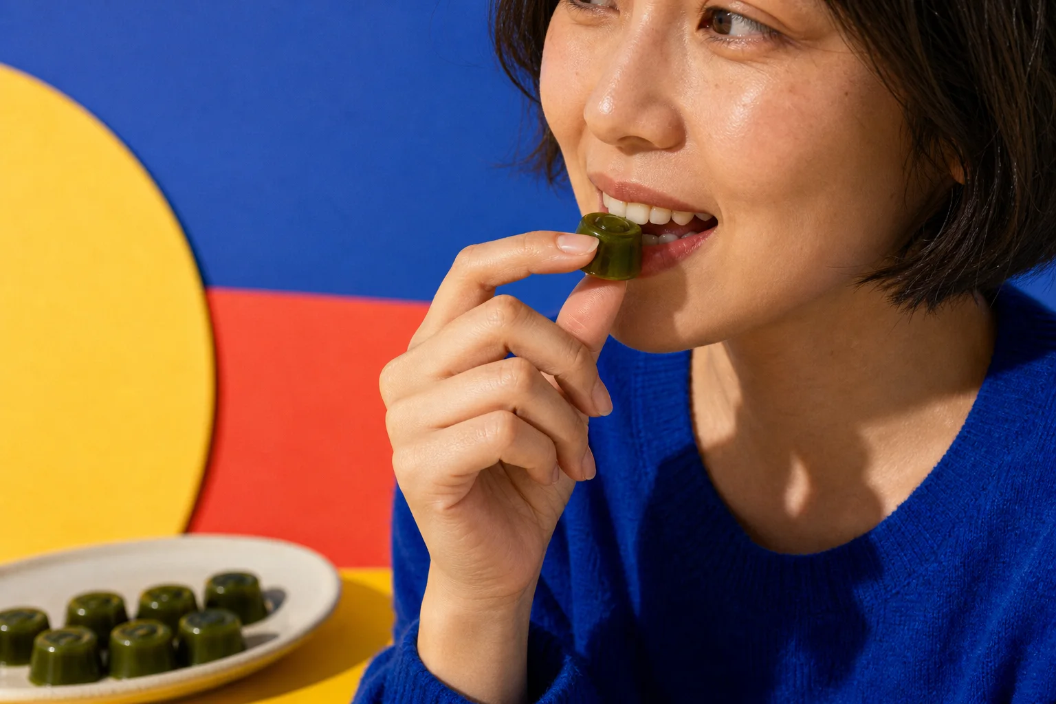 An adult woman taking a bite from a matcha jelly in a bright blue and yellow studio