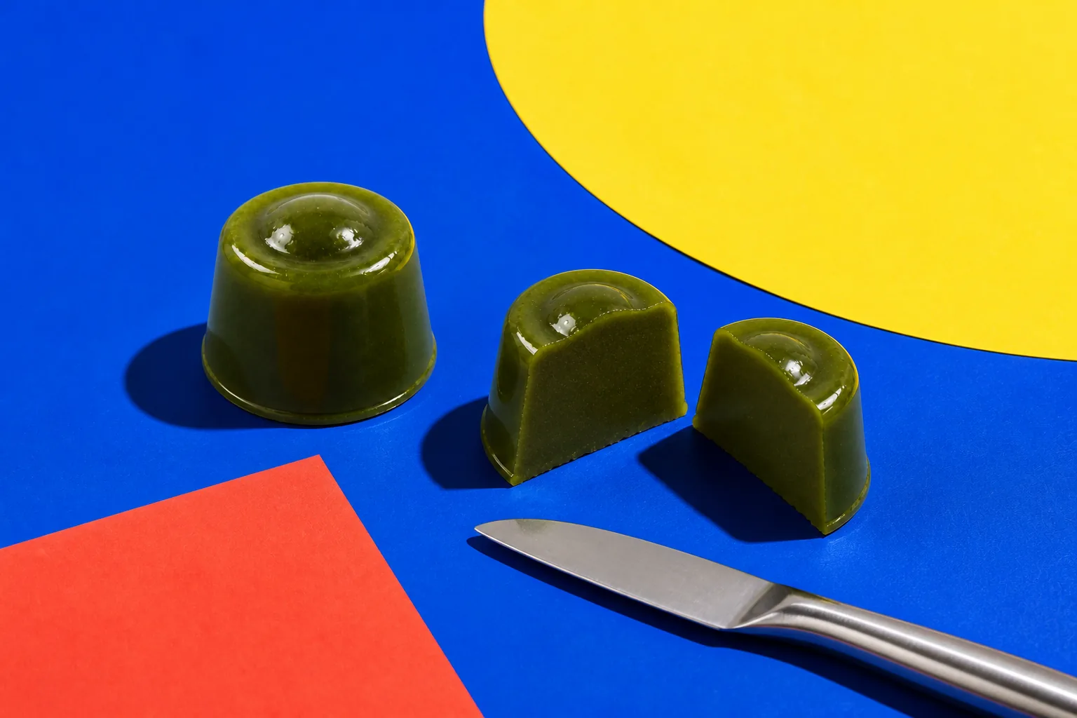 One whole matcha jelly and a second jelly cut into two halves on a cobalt, yellow and coral set