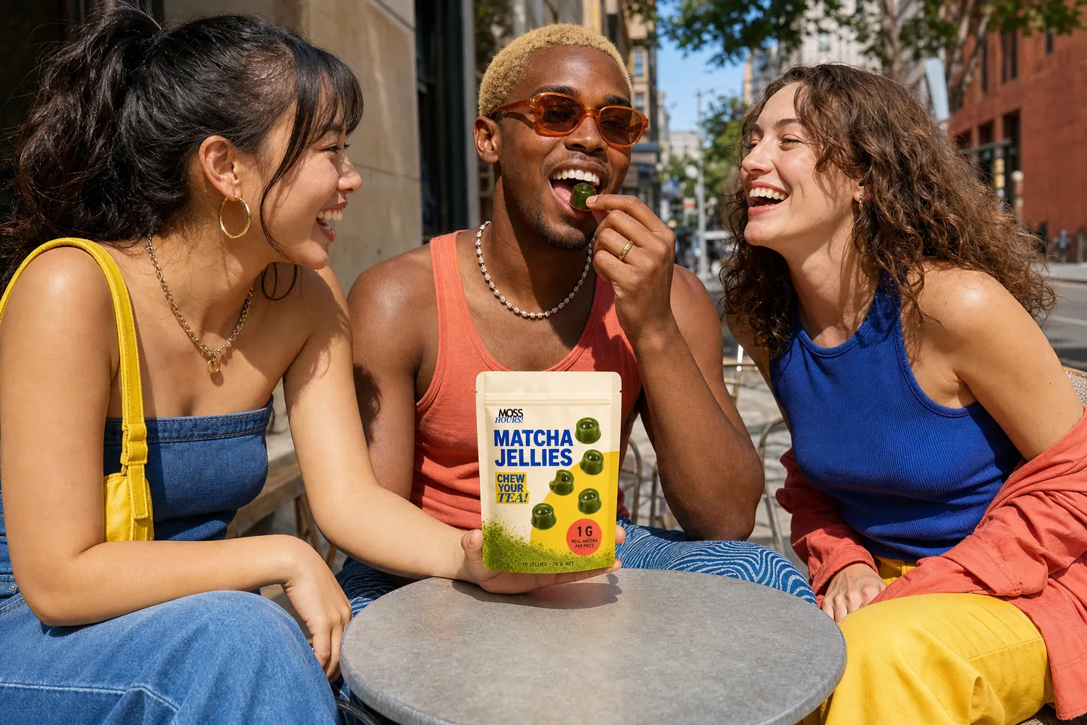 A cream MOSS HOURS pouch held at a sunny outdoor table