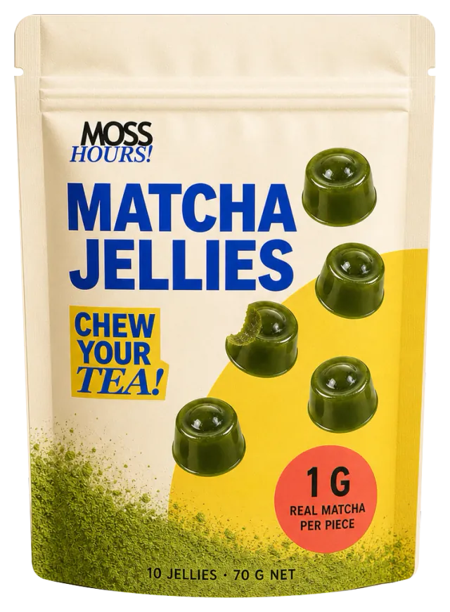 Cream resealable MOSS HOURS pouch with five matcha jellies, including one visibly bitten piece